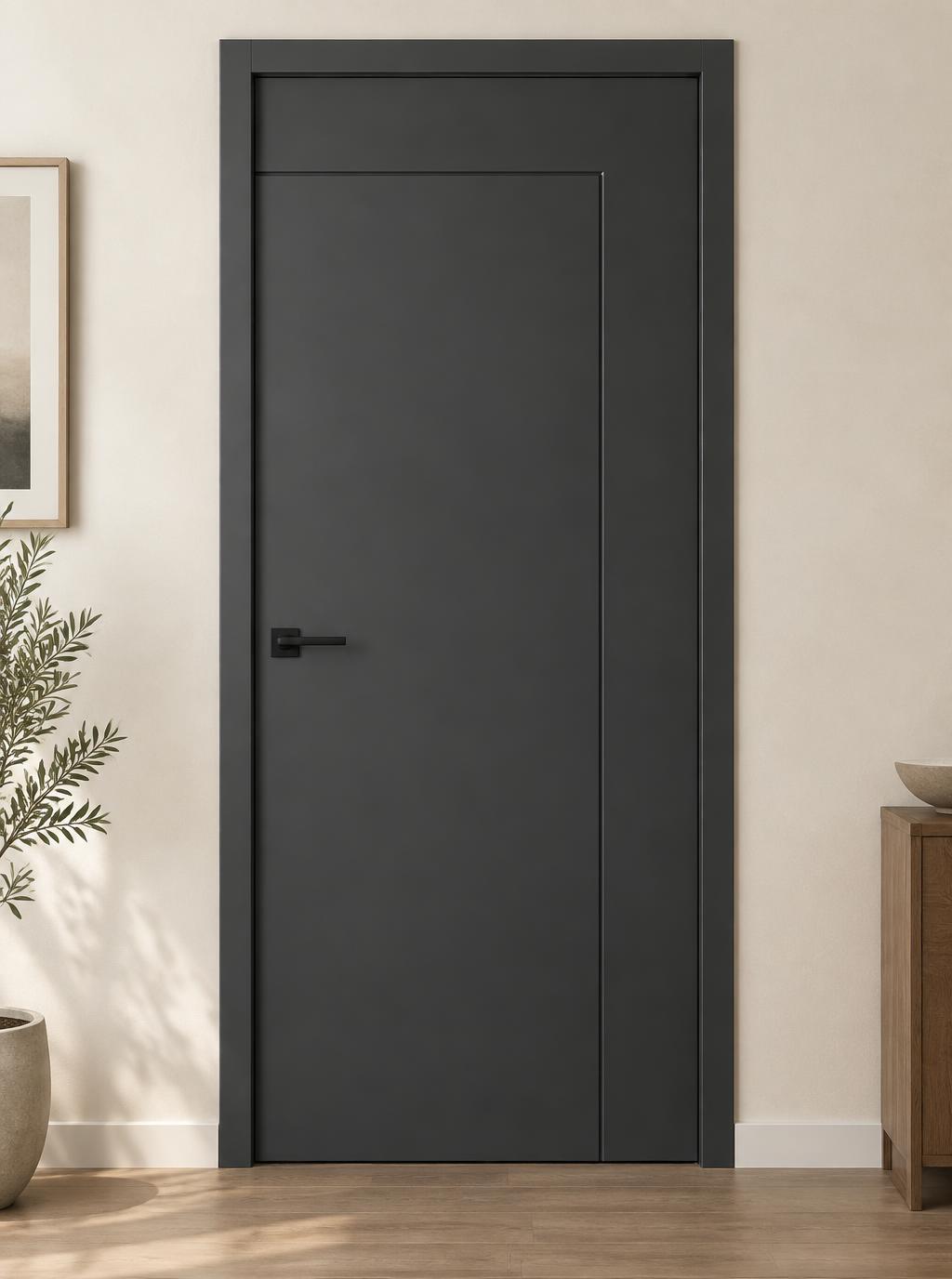 Puerta interior de WPC, modelo Panel Offset Carbón (imagen ilustrativa)