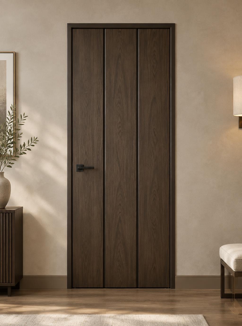 Puerta interior de WPC, modelo Madera Oscura Triple Línea (imagen ilustrativa)